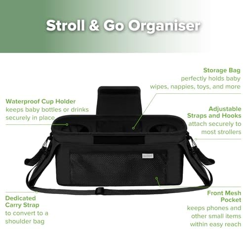 haakaa Stroll & Go Organiser with 2 Insulated Cup Holder - Black, Ultimate Stroller Organizer Universal Fit with Adjustable Non-Slip Straps & Hooks, Stroller Caddy Accessories with Shoulder Strap - 3