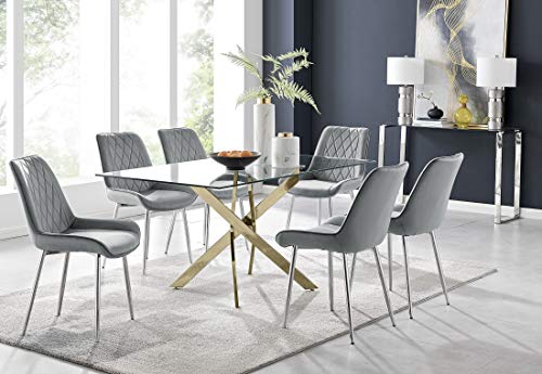 Image of Furniturebox UK Leonardo 6 Gold Dining Table and 6 Grey Pesaro Silver Leg Chairs