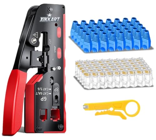 Image of XIKKART All-in-One RJ45 Cat7 Pass-Through Crimping Tool Kit - Ethernet Crimper for Cat5, Cat6 & Cat7 - Includes Wire Stripper, Cutter, 10 Cat6 Pass-Through Connectors & Multicolor Strain Relief Boots