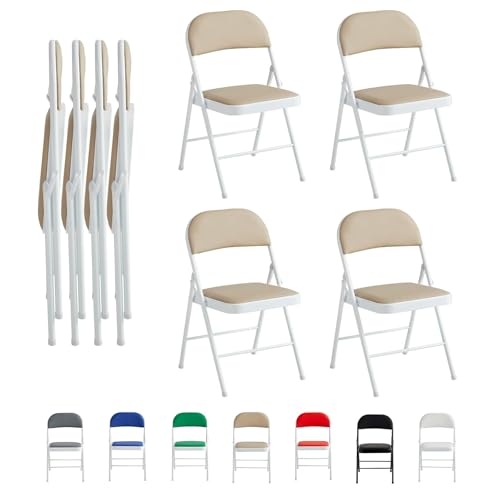 mcc direct Set of 4 Folding Chairs Faux Leather Foldable Chairs with Metal Frame and Padded Seat Easy to Fold and Store for Home Office Dining and Reception (Creamy)