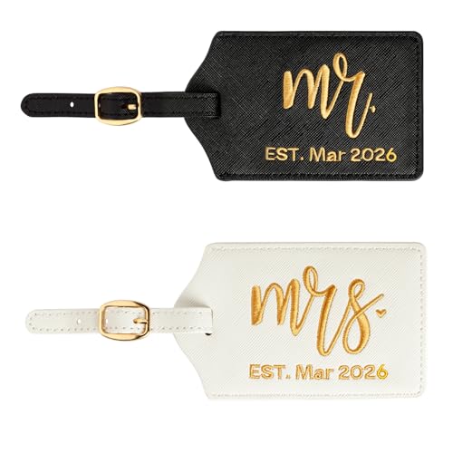 Mr and Mrs Est Luggage Tag, Embroidered Mr Mrs Luggage Tag with Est Date, Honeymoon Suitcase Accessories, Wedding Gift for Couples, Bridal Shower Present (Est. Mar 2026)