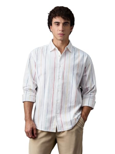 Image of The Souled Store Cotton Linen Stripes: Prisma Men and Boys Long Sleeve Spread Collar White Stripes Regular Fit Casual Everyday Office Wear Lightweight Cotton Linen Shirt