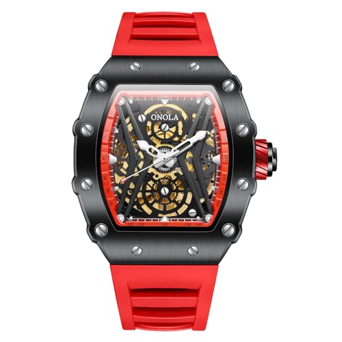 DAXIAOYU Relojes mecánicos automáticos deportivos de moda para hombre, correa de silicona, reloj de pulsera luminoso único hueco con esfera de esqueleto, negro rojo, Lujo
