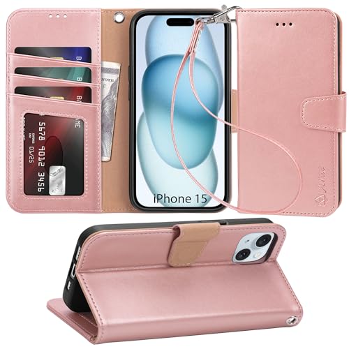 Arae Compatible with iPhone 15 Case with Card Holder and Wrist Strap Wallet Flip Cover for iPhone 15 6.1 inch,Rose Gold by Arae - Used condition - US$7.37