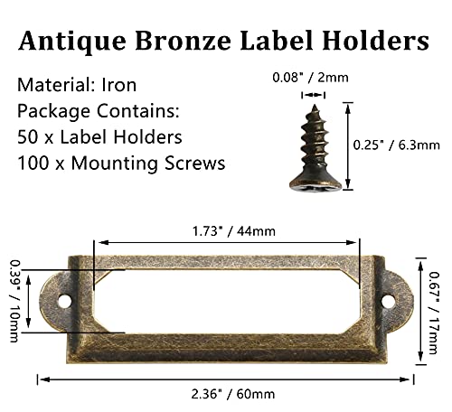 Qjaiune 50Pcs Metal Library Label Holders, File Cabinet Label Frames With Screws, Card Tag Label Holder For Office Drawers Shelves (Antique Bronze, 60X17Mm) #TOP2