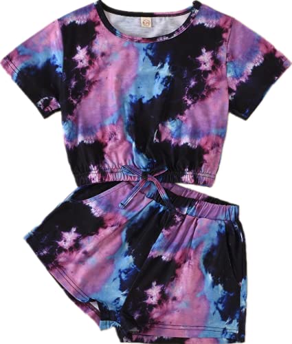 Girls Summer Tie-Dye Outfits Elastic Drawstring T-Shirt Crop Top and Elastic Waist Shorts Set with Side Pockets
