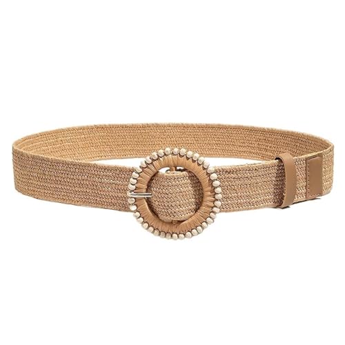Straw Boho Belt Women Round Buckle Straw Belt for Beach Ellipse Buckle Bead Decor(107cm,Khaki)