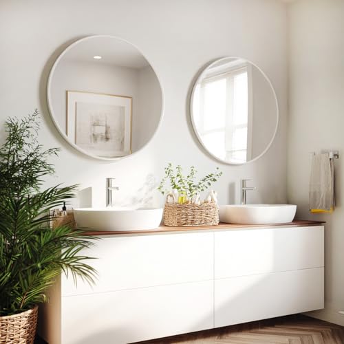 Image of Sunniry Round Mirror 24 inch, 2 Pack White Round Mirror with Metal Frame | Aluminum Matte Metal Frame, High Definition Mirror, No Distortion, Suitable for Bathroom, Bedroom, Entryway, Living Room
