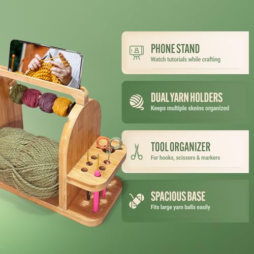 Image of Yarn Holder for Crochet Accessories - Durable Bamboo Wood Knitting Accessories Yarn Storage Organizer with Built-in Phone Stand - Tangle-Free Dual Rods and Tool Holder - Works with Skein, Cake, Ball