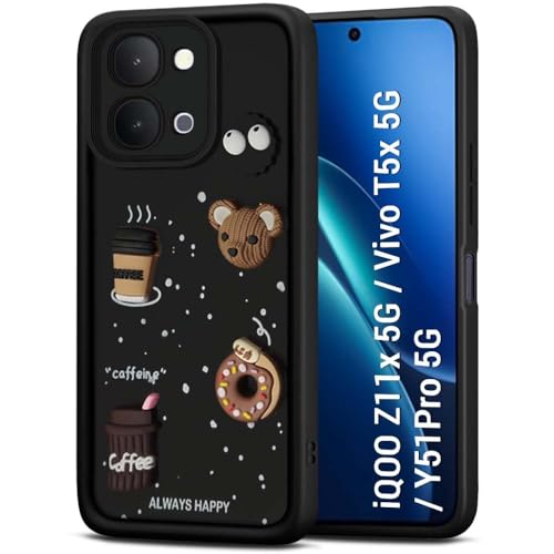 Image of Bintage Cute Fun Taddy| 3D Ball Bear| Donut| Coffee Rubber Case Full Body & Camera Protection Back Cover Compatible for Vivo T5x 5G / Vivo Y51Pro 5G - Black
