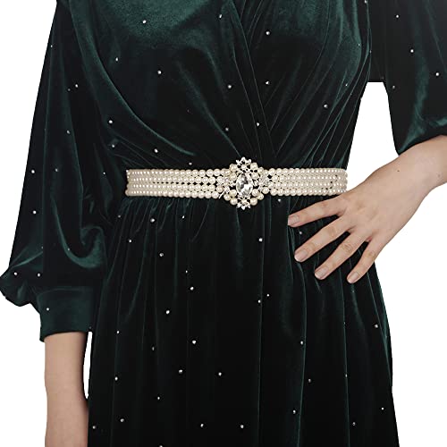 Jumwrit Elastic Pearl Belt for Women Rhinestone Big Pearl Flower Waist Chain Layered Pearl Wedding Dress Belt Sash Off White Round Pearl Bridal Belt（Style 3）