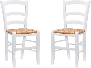 MAKLAINE Set of Two Wood Side Chairs Ladder Back Rush Seat in White Finish
