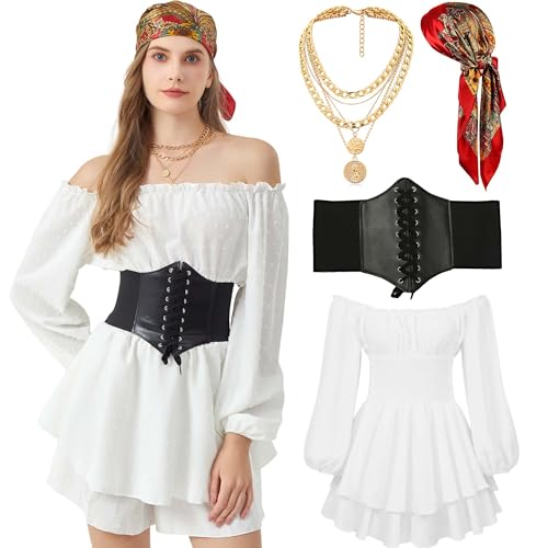 KitChocoLot Mittelalter Piratenkostüm Damen, 4 Stück als Set, Karnevals Faschings Kostüme Damen Sexy, Frauen Pirate Accessories, Piratin Kleid Set...