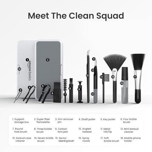 Image of Amazon Basics Clean N 19-in-1 Smart Gadget Cleaning Kit | Multi-Device Cleaner for Smartphones, Laptops, Tablets, Earbuds & Keyboards | Compact All-in-One Electronic Cleaning Tool (White)