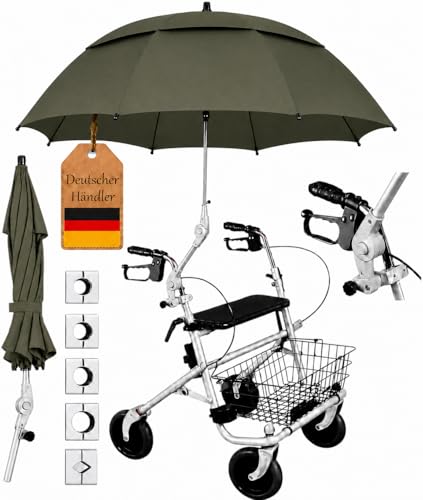 FabaCare Rollatorschirm Protektor 2.0 Air-Vent Modell 2026 (Doppeldachsystem) windstabiler Regenschirm & Sonnenschirm mit Halterung für Rollatoren passend für Rundrohre & Ovalrohre Braungrün