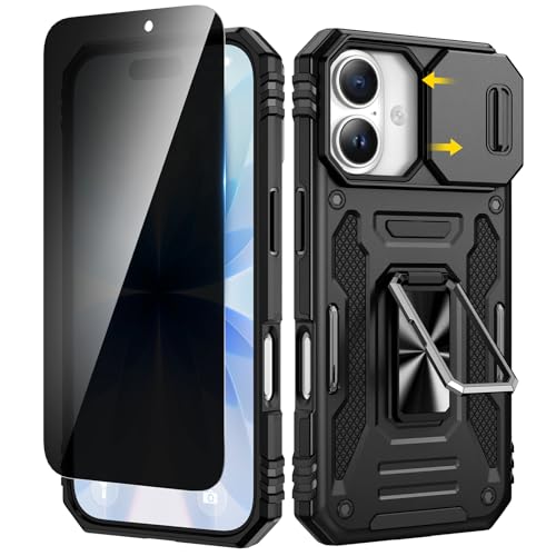 VEGO for iPhone 17 Case, with Slide Camera Cover & Privacy Tempered Glass Screen Protector & Ring Kickstand Military Grade Heavy Duty Protection Cover for iPhone 17 5G 6.3 Inch - Black