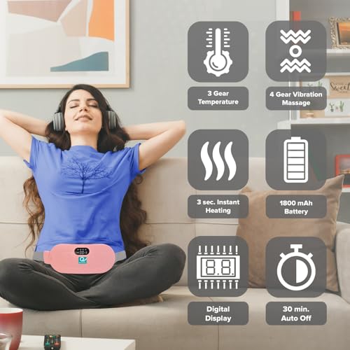 Image of Q Devices Menstrual Heating Pad for Period Cramps Relief - Cordless Electric Stomach & Back Pain Massage Belt with 3 Heat Levels, 4 Vibration Modes, Portable Wearable Design for Women (Pink)