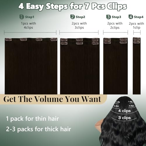 Image of Ugeat 22 Inch Clip in Hair Extensions Real Human Hair Dark Brown 7pcs 120g | Seamless Hair Extensions Clip in , Easy to Apply