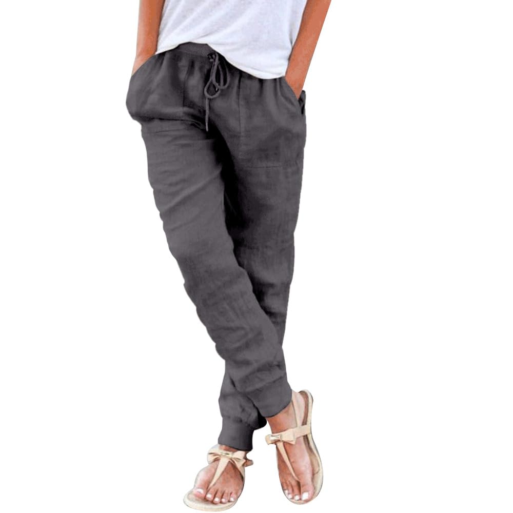 Puimentiua Womens Tapered Pants Cotton Linen Drawstring Back Elastic Waist Pants Casual Trousers with Pockets