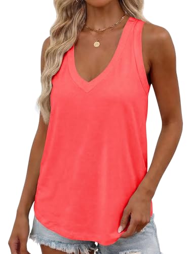 Smile Fish Women Summer Deep V Neck Tank Top Loose Fit Flowy Sleeveless Shirt Cotton Neon Orange Red,XL