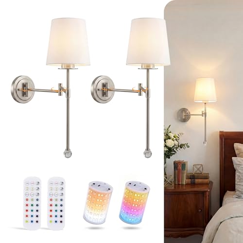 Image of CLOUDY BAY 10000mAh Battery Operated Wall Sconces,Up to 100 Hours with Rechargeable RGB Dimmable Magnetic Bulb,Cordless Wall Lighting Fixtures with Remote for Bedroom,Brushed Nickel,2 Pack-18.6inch