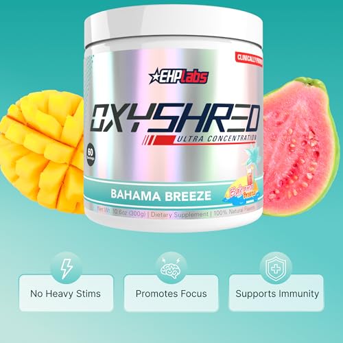 Image of EHP Labs OxyShred Pre Workout Powder - Preworkout Powder with L Glutamine & Acetyl L Carnitine, Energy Boost Drink - Bahama Breeze /Beach, 60 Servings