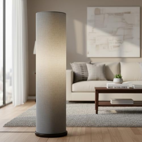 Image of Cylinder Shape Wooden Base Corner Decorative Floor Lamp with Fabric Shade for Bedroom, Living Room, Home Decor, Pack of 1 (Gray)