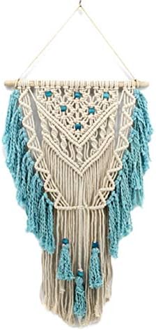 Macrame Wall Hanging Woven Wall Art Aqua Blue Color Tassel Macrame Tapestry Boho Pediments Wall Decor for Apartment Dorm Living Room Bedroom Baby Nursery Art Party Wedding Backdrop