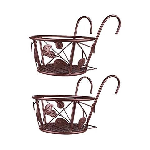 Yimeezuyu Hanging Railing Planter Iron Art Hanging Baskets Flower Pot Holder Hanger Over The Metal Fence Rail for Patio Balcony Porch or Fence Planters Assemble (Leaf, 2pcs Bronze) Cover