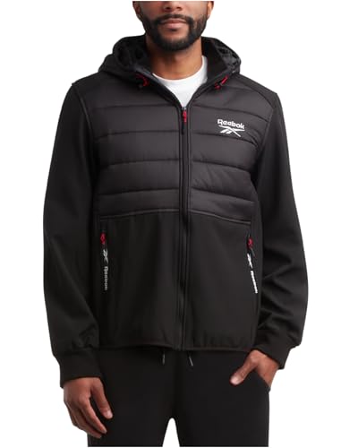Image of Reebok Men's Softshell Jacket - Lightweight Hooded Weather Resistant Jacket for Men with Nylon Quilted Chest (S-XXL)