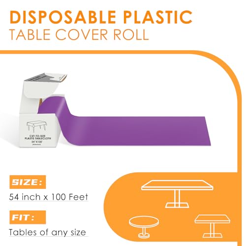 Image of tujol Purple Disposable Plastic Table Cloth Roll 54 inch X 100', Plastic Table Cover with Cutter Box, Cut to Size Disposable Tablecloth for Parties