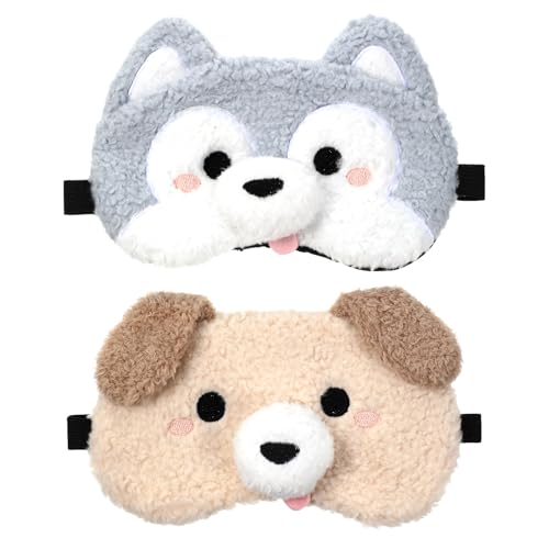 Kids Sleep Mask, 2 Pcs Plush Dog Cute Sleeping Mask Soft Kids Eye Masks for Sleeping Comfortable Funny Animal Eyeshade Blindfold for Women Men Home Travel Sleepover Party