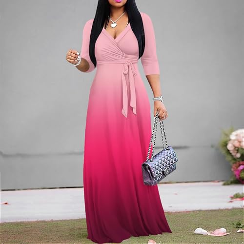 Image of PinkPatty Women's Plus Size Maxi Dress Casual 3 /4 Sleeve Dress with Belt | Soft stretch feel, printed style, flowy A-line fit, v neck, waist tie, side pockets, for vacation, party and daily wear