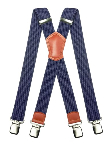 JEMYGINS Bretelles pour homme larges de 3,8 cm avec 4 clips en métal robustes, taille unique, réglables et élastiques, style X pour hommes et femmes, bleu marine, M