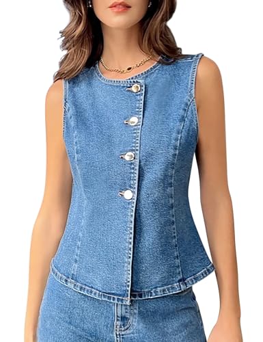 POTILI Womens Denim Vest Tops Sleeveless Jean Vest Button Down Denim Tank Tops Casual Waistcoat