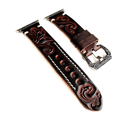 Embossed Tooled Dark Brown Genuine Leather Luxury Band Strap Compatible with Apple Watch 38mm 40mm 42mm 44mm iWatch 1 2 3 4 Series (44mm Watch Case Size, 5. Rose Gold Color Smooth Buckle)