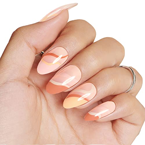 Press On Short Almond Nails - Swirl French Tips Medium Fake Nails...