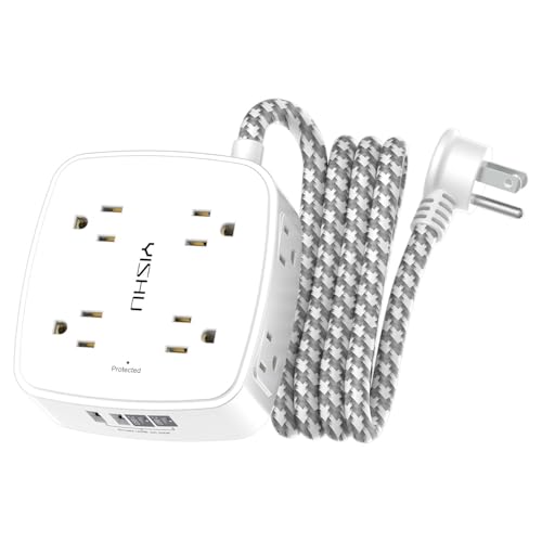 Image of Surge Protector Power Strip - YISHU 8 Outlets with 4 USB (2 USB C) Charging Ports, 6Ft Braided Extension Cord, Flat Plug Multi Plug Outlet Extender Charging Station for Home Office, ETL, White