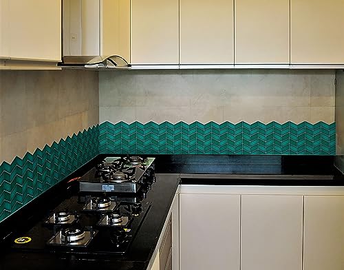 Image of WallDesign AquaGreen Chevron Tile Sticker - 2ft x 9.75 inch Waterproof Easy Clean Durable Vinyl Decorative Film for Kitchen Counter, Washbasin, Table, Wall, Cupboard-Self-Adhesive