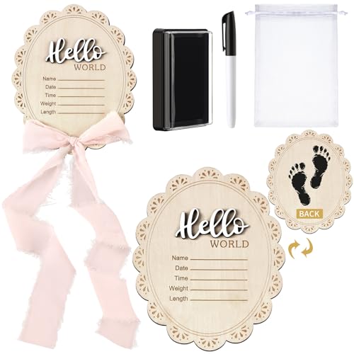 Image of Threehoney Baby Announcement Sign 7 Inch Double Sided Wooden Hello World Newborn Engraved Sign with Organza Bag Marker Pen Ink Pad Ribbon Bow for Baby Shower Hand Footprints Photo Prop (Pink Bow)