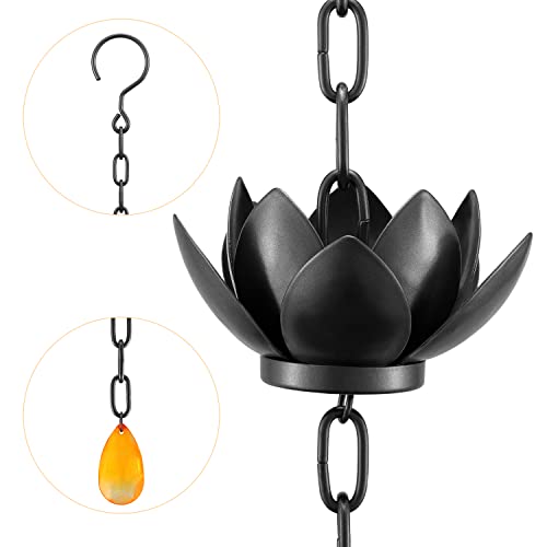Oak Leaf Rain Chain with Adapter, 8.5ft Adjustable Lotus Rain Catcher Chain for Gutters Outside Downspout, for Divert Water and Home Display, Black Powder Coated