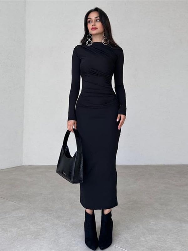 Haibanng Damen Langarm Maxikleid Figurbetontes Kleid Bodycon Elegante Kleider Sexy Rüschen Langarmkleid mit Stehkragen Vintage Freizeitkleid Stretch Abendkleid Partykleid Clubkleid Cocktailkleid