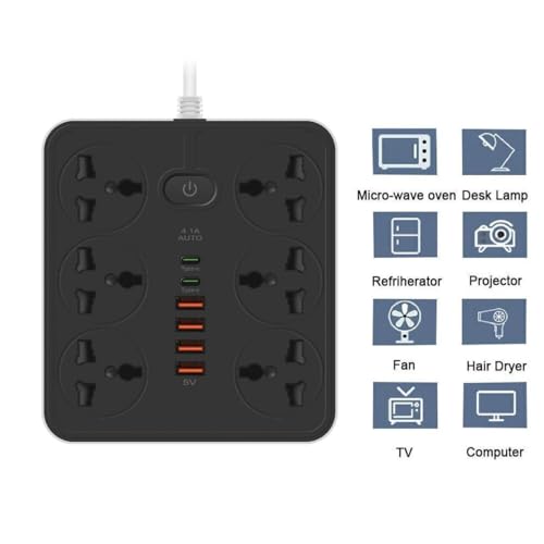 Image of Extension Board, Power Strip with 6 USB Ports and 3 Universal Socket, 2500W 10A Extension Cord, 3-Pin Surge Protector Power Strip for Home, Office, Computer, Mobile Charging (Black-Z67)