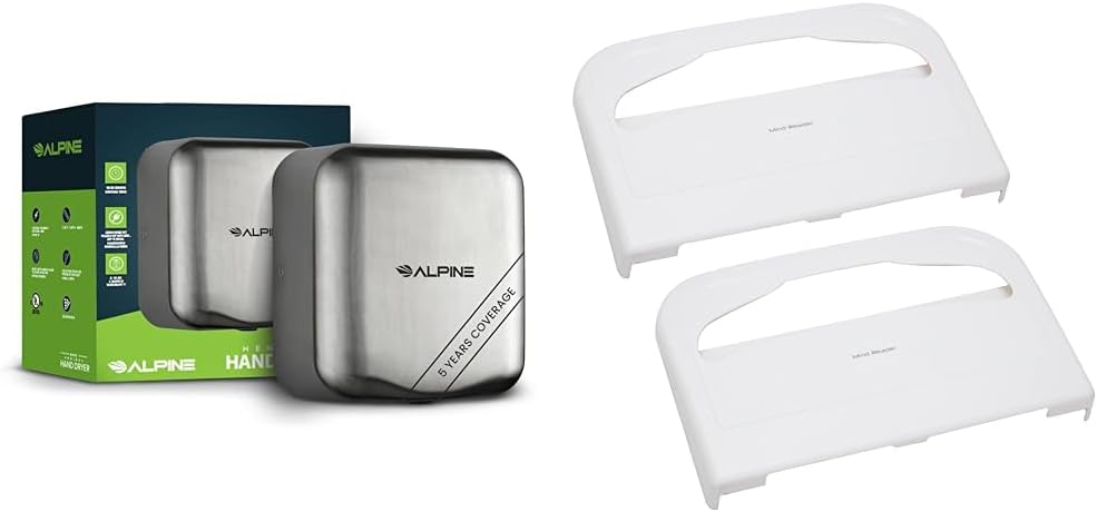 Alpine 1800W Stainless Steel Automatic Hand Dryer & Mind Reader 2-Pack Wall Mount Toilet Seat Cover Dispenser Set, 16.5" x 11.25" x 2", White