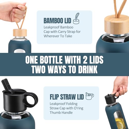 32oz-Glass-Water-Bottle-With-2-Lids-Flip-Straw-Lid-Bamboo-Lid-Glass-Water-Bottle-With-Silicone-Sleeve-Motivational-Time-Marker-Glass-Juice-Bottle-for-Cold-Drink1-Pack-Navy-Blue