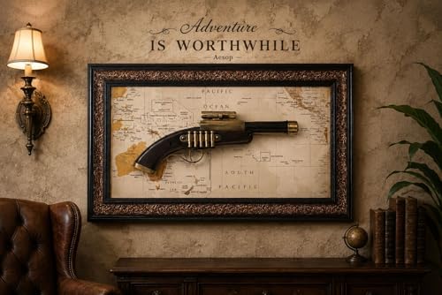 Image of Vintage Gun Map Wall Frame | Antique Pistol Design Decorative Wall Art Frame | Classic World Map Background Wall Decor for Living Room, Office & Cafe