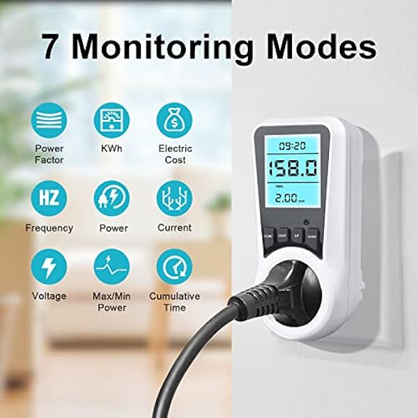 Aicharynic 2 st strömförbrukningsmonitor, energimonitor med bakgrundsbelyst LCD-display digital energimätare uttag med 7 övervakningslägen, överbelastningsskydd