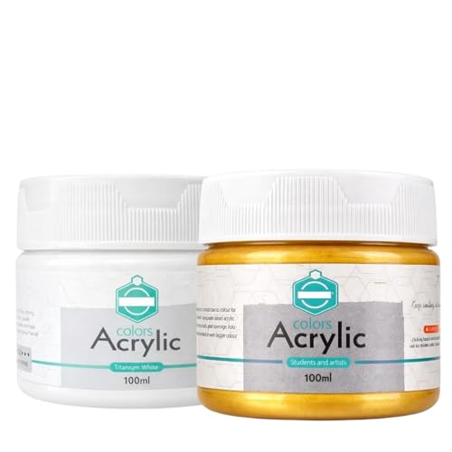 Image of Acrylic Paint 100ml for Artist & Craft Painting Colour Smooth Finish Art Paint Perfect for Canvas Wood - White & Golden - Pack of 2