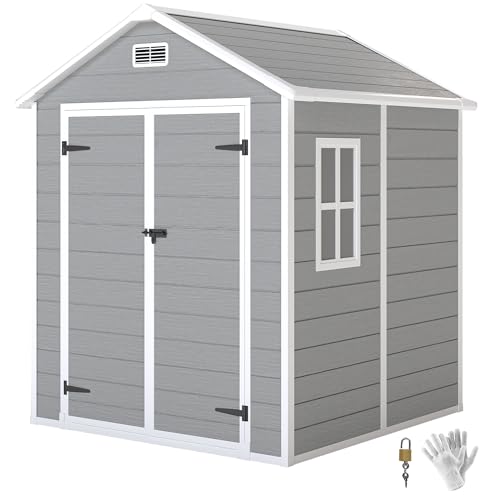 Outsunny 6 x 5ft Garden Shed With Floor, Window, Lockable Doors and Vents, Wood Effect Resin Tool Storage for Outdoor Patio, Dark Grey