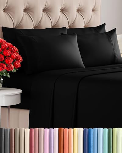 Image of Queen 6 Piece Bed Sheet Set - Comfy, Breathable & Cooling Sheets - Black | Ultra-Soft Hotel Luxury Bedding Set w / 8-16 Inch Deep Pockets, 1 Flat & 1 Fitted Sheet & 4 Pillowcases, Wrinkle & Fade Free